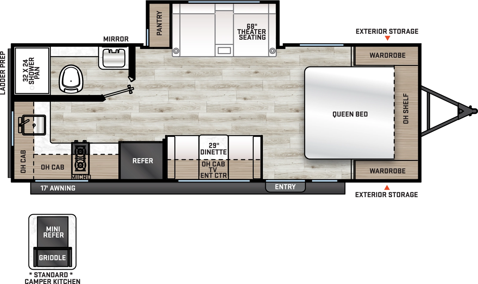 The Catalina Summit Series 7 194RBS floorplan has one entry and one slide out. Exterior features include: metal exterior, 17' awning and outside kitchen. Interiors features include: front bedroom.